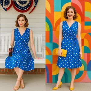 Jessica Howard Blue 8P Midi Dress Polka Dot Retro Chic Cottagecore